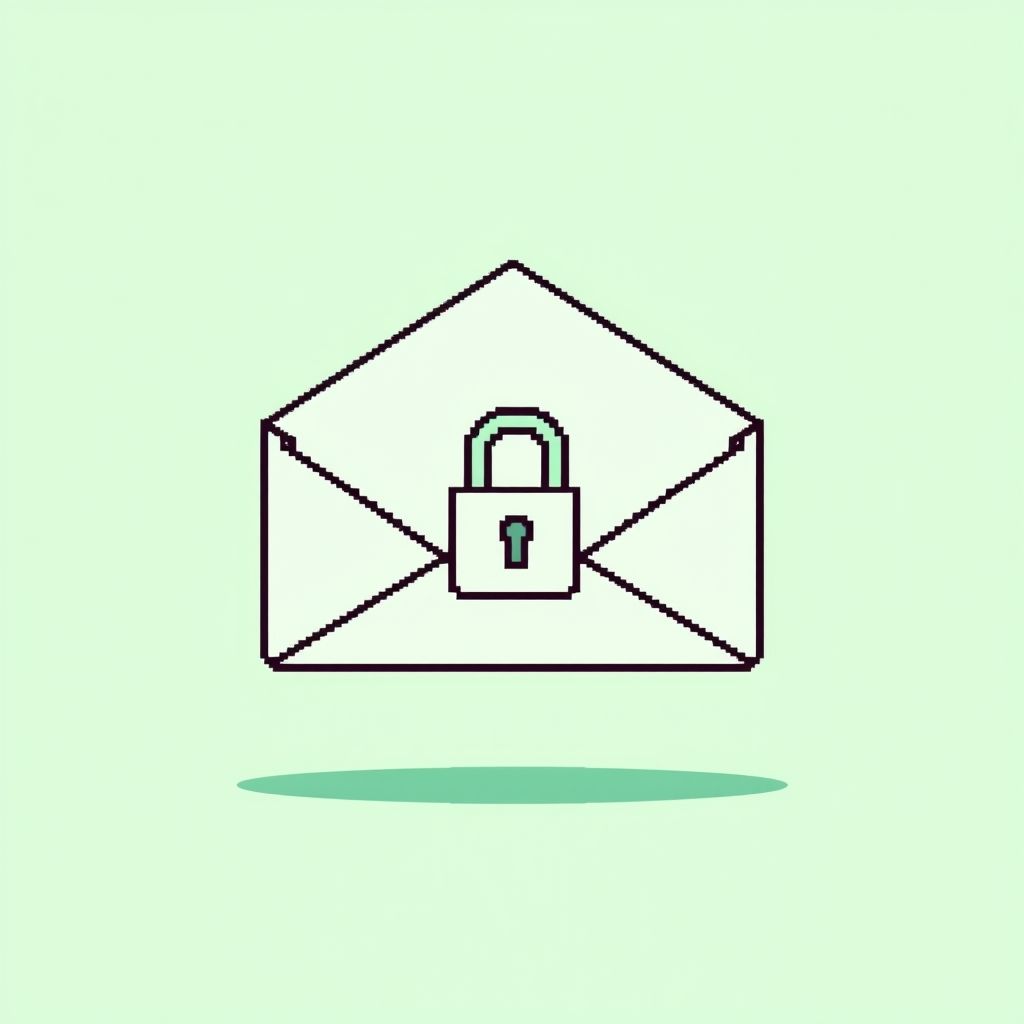 Minimalistic green monochrome pixel art of an envelope and a masked face, connected with dotted lines, retro terminal style, 8-bit aesthetic, hacker vibe, wide composition.