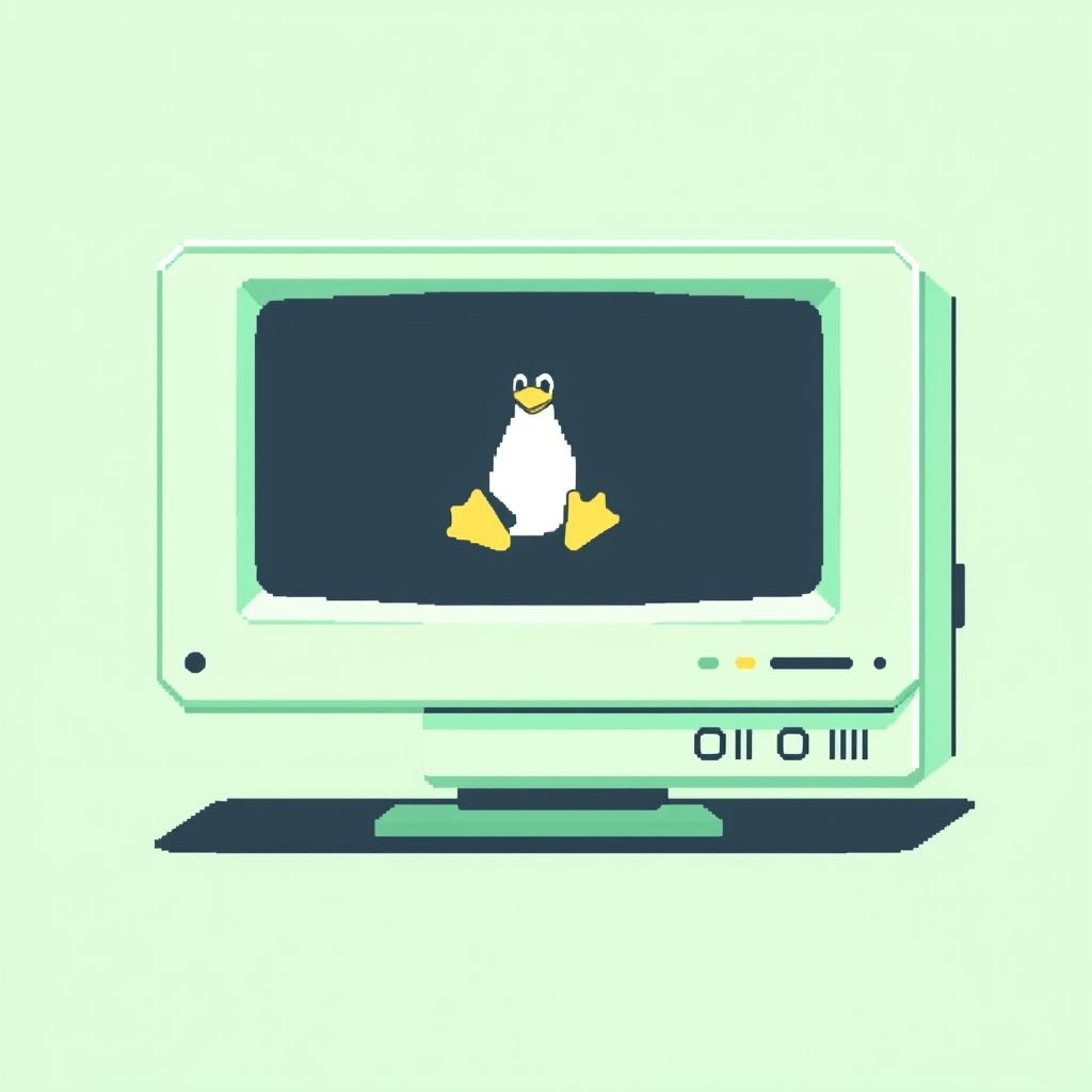 Minimalistic green monochrome pixel art of a desktop PC with a penguin logo on screen, retro terminal style, 8-bit aesthetic, Linux hacker theme, wide composition.