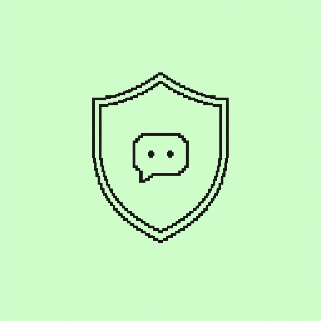 Minimalistic green monochrome pixel art of a speech bubble with a shield icon inside, retro terminal style, 8-bit aesthetic, tech privacy theme, wide composition.