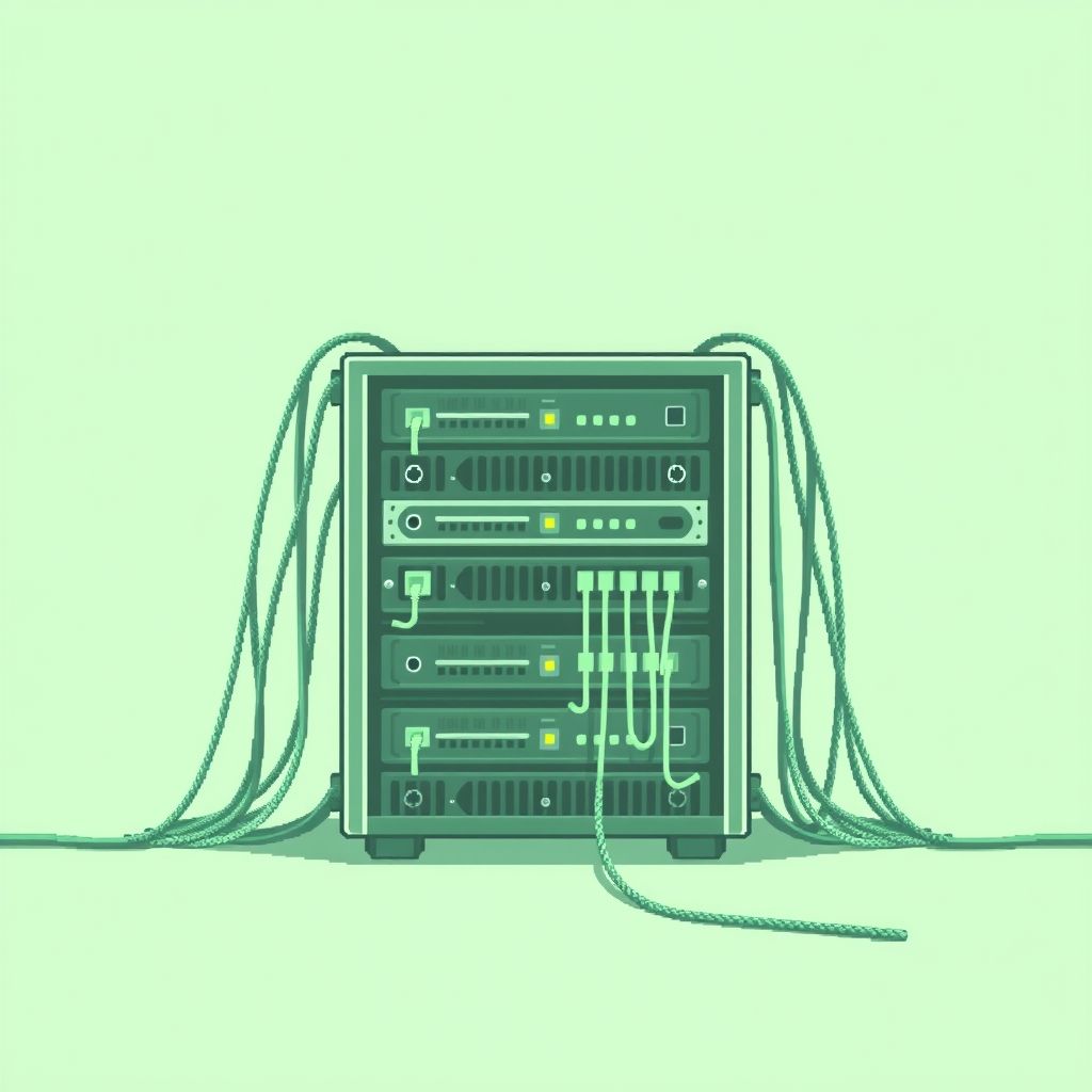 Minimalistic green monochrome pixel art of a server rack with network cables, retro terminal style, 8-bit aesthetic, self-hosting theme, wide composition.